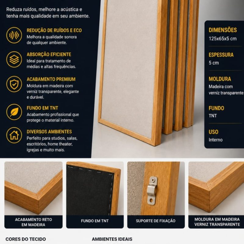 4 Painel Acústico 125x65x5 Cm Com Moldura Lã 96kgm3